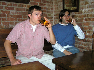 Flemming (left) shares "one quick beer" with his friend Galveston.